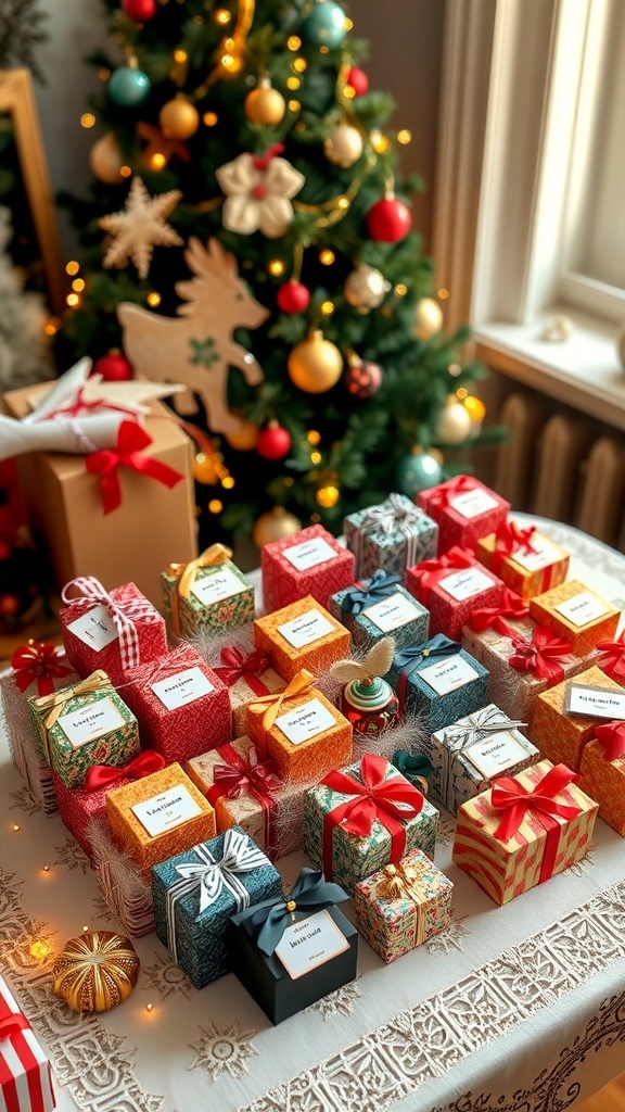 A festive display of 25 wrapped gift boxes for Christmas countdown.